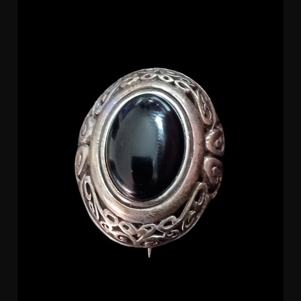 Vintage 925 Sterling Jezlaine Black Onyx Oval Brooch Pin 1.25"